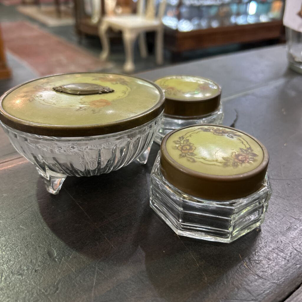 1930s Art Deco 3-Piece Glass Vanity Set Powder & Cream Dresser Jars Celluloid Floral Brass Lids.