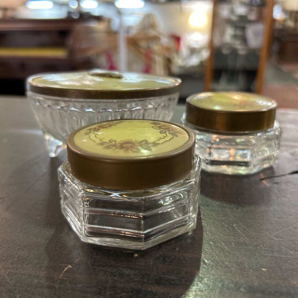 1930s Art Deco 3-Piece Glass Vanity Set Powder & Cream Dresser Jars Celluloid Floral Brass Lids.