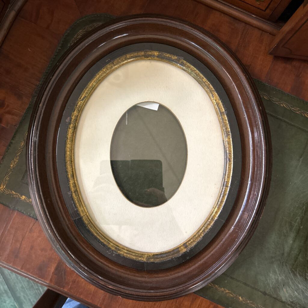 Antique Victorian Oval Walnut Deep Well Frame Reverse Painted Glass Mat Eglomise. c.1860-1880 *as is*