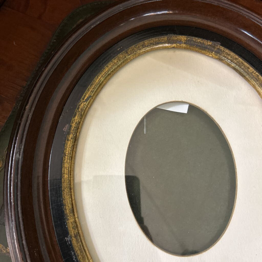 Antique Victorian Oval Walnut Deep Well Frame Reverse Painted Glass Mat Eglomise. c.1860-1880 *as is*