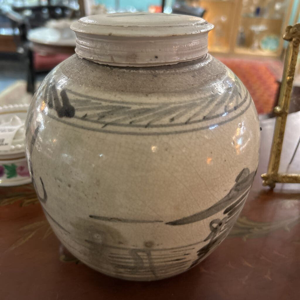 Antique Chinese Provincial Ginger Jar, Blue White Stoneware Pot Crackle Glaze *condition as is*