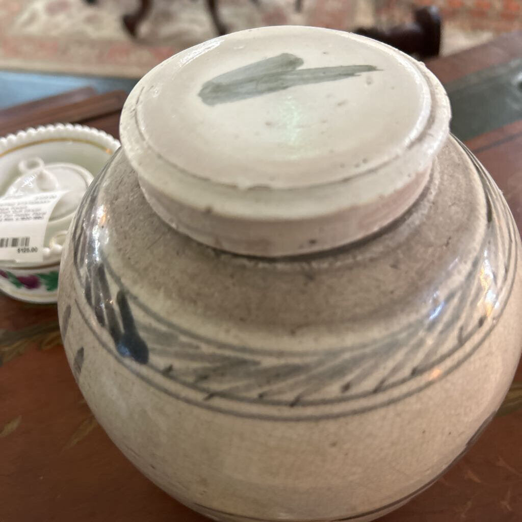 Antique Chinese Provincial Ginger Jar, Blue White Stoneware Pot Crackle Glaze *condition as is*