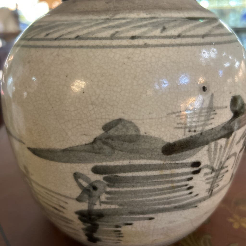 Antique Chinese Provincial Ginger Jar, Blue White Stoneware Pot Crackle Glaze *condition as is*