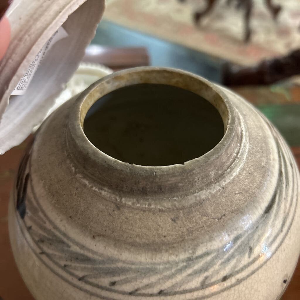 Antique Chinese Provincial Ginger Jar, Blue White Stoneware Pot Crackle Glaze *condition as is*