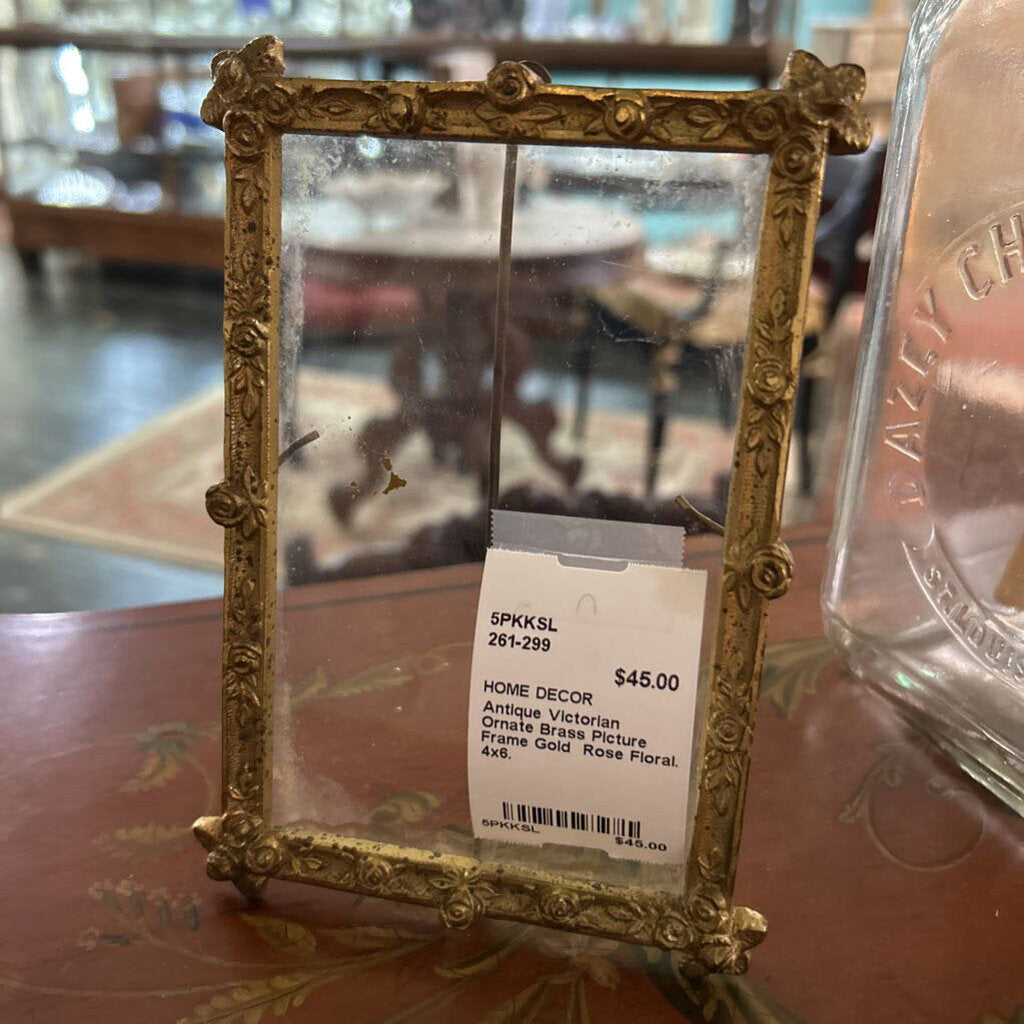 Antique Victorian Ornate Brass Picture Frame Gold Rose Floral. 4x6.