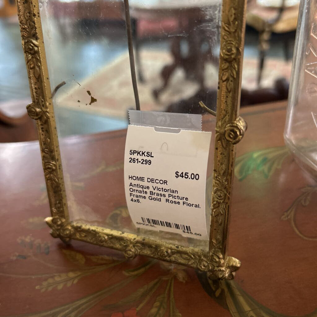 Antique Victorian Ornate Brass Picture Frame Gold Rose Floral. 4x6.