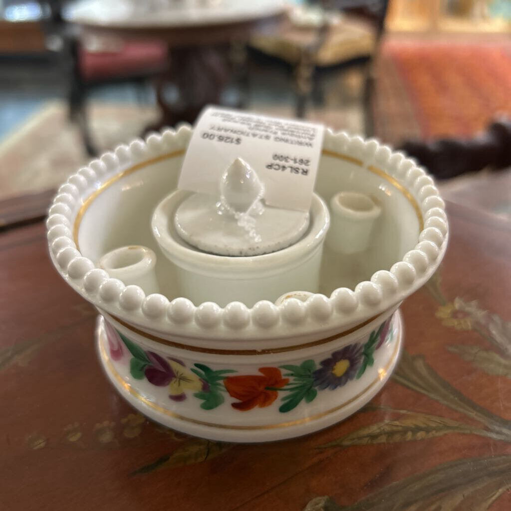 Antique French Porcelain Quill Inkwell Lidded Pen Holder Floral Beaded Rim. c.1830-1880.