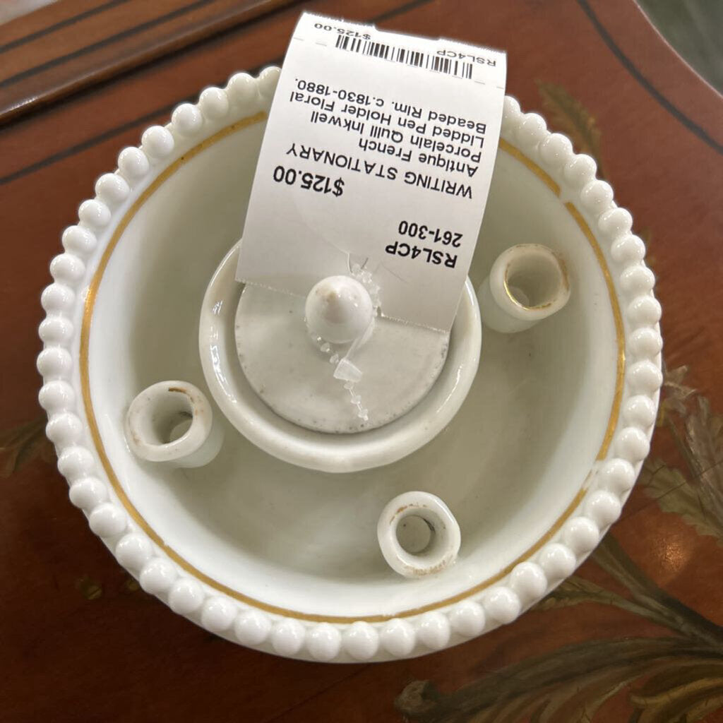 Antique French Porcelain Quill Inkwell Lidded Pen Holder Floral Beaded Rim. c.1830-1880.