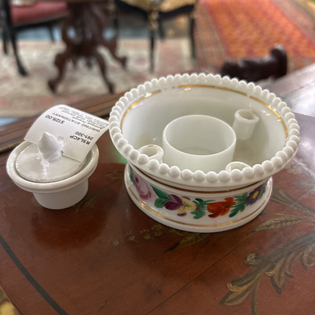 Antique French Porcelain Quill Inkwell Lidded Pen Holder Floral Beaded Rim. c.1830-1880.