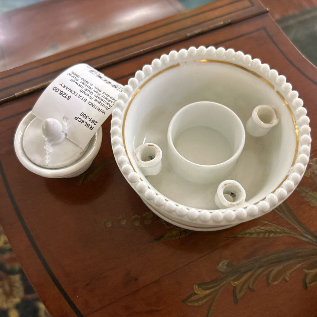 Antique French Porcelain Quill Inkwell Lidded Pen Holder Floral Beaded Rim. c.1830-1880.