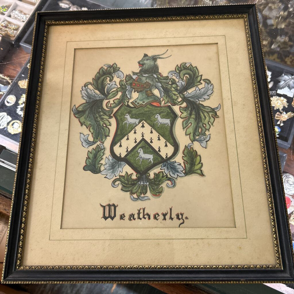 Antique Weatherly Family Crest Framed Coat Of Arms, Historical figure who fought for American Revolution.