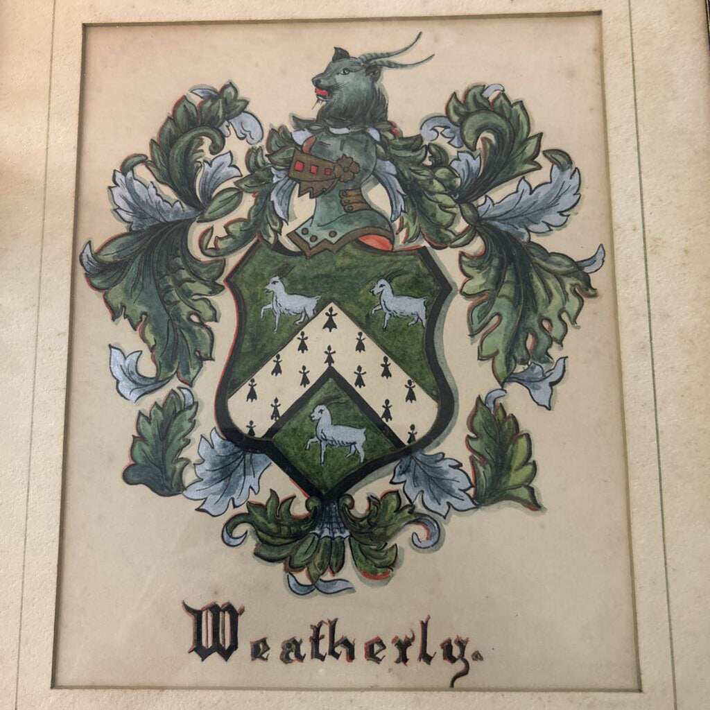 Antique Weatherly Family Crest Framed Coat Of Arms, Historical figure who fought for American Revolution.