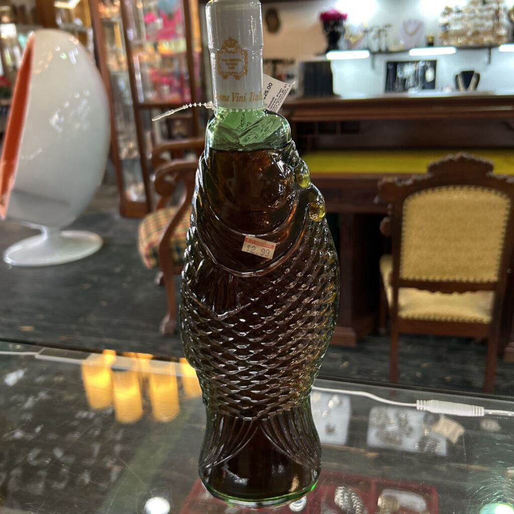 Vintage Mani Nobili Italian Green Glass Fish Wine Bottle/Decanter,B-21 Liquors, Historic Florida Wine Merchant Founded in 1948.