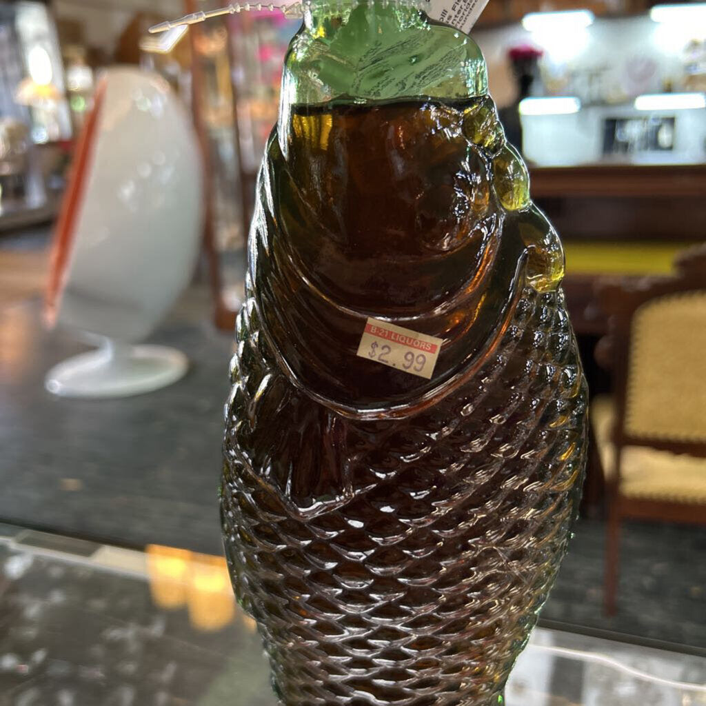 Vintage Mani Nobili Italian Green Glass Fish Wine Bottle/Decanter,B-21 Liquors, Historic Florida Wine Merchant Founded in 1948.