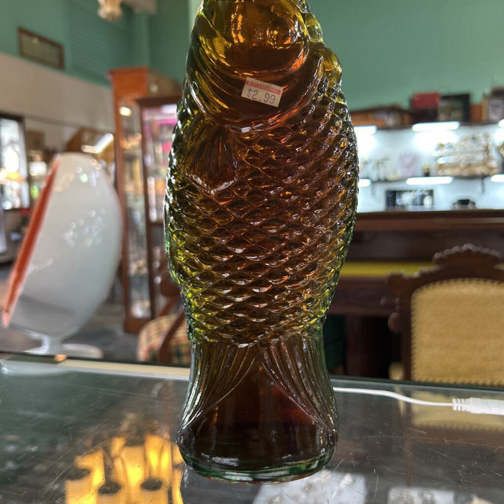 Vintage Mani Nobili Italian Green Glass Fish Wine Bottle/Decanter,B-21 Liquors, Historic Florida Wine Merchant Founded in 1948.