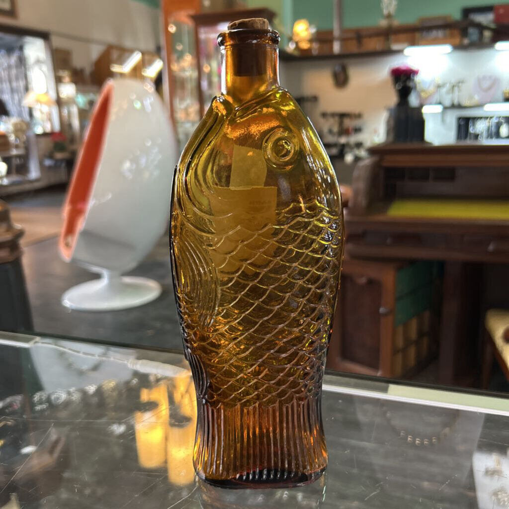 Vintage Glass Fish Bottle, Mani Nobili Italian Amber Apothecary Bottle.