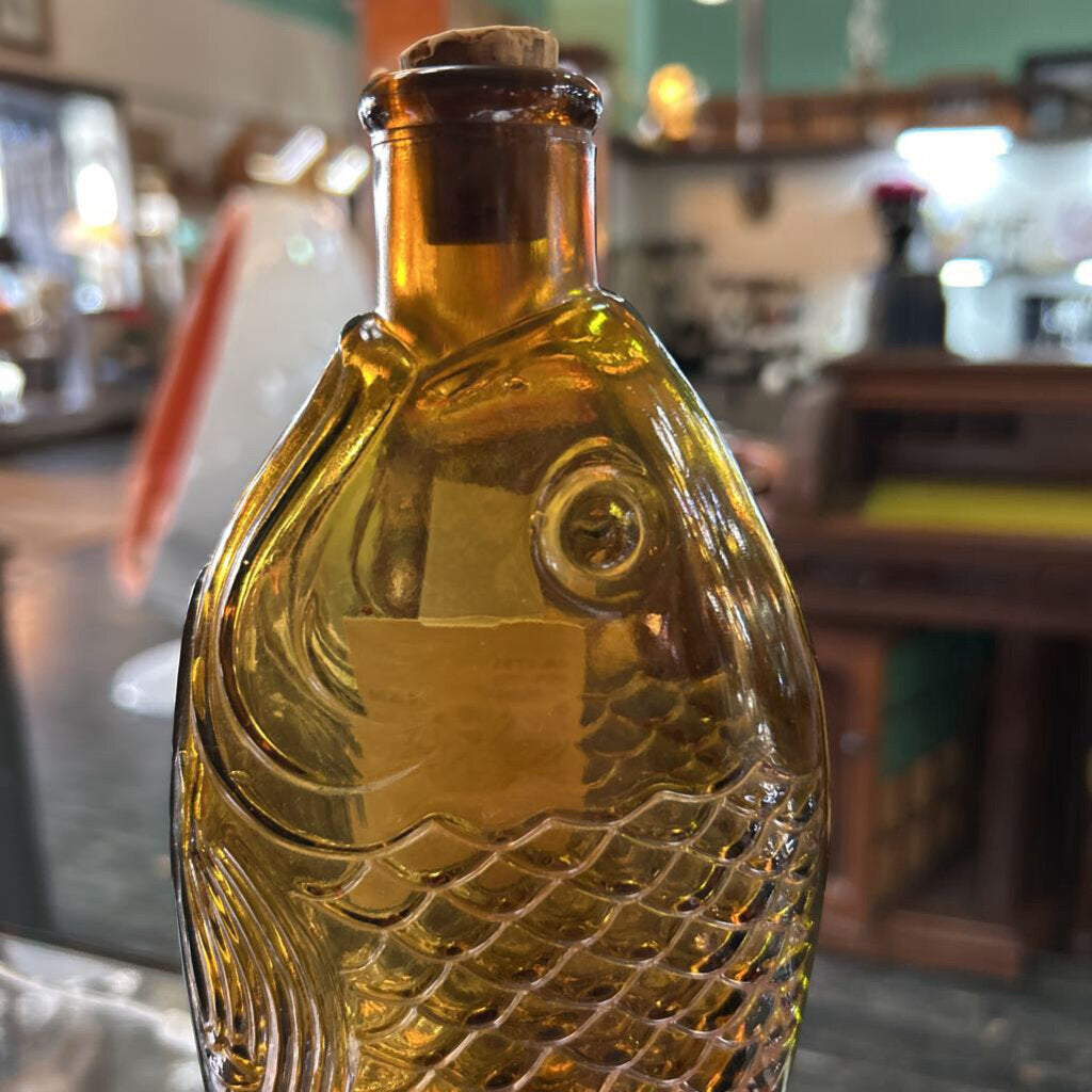 Vintage Glass Fish Bottle, Mani Nobili Italian Amber Apothecary Bottle.