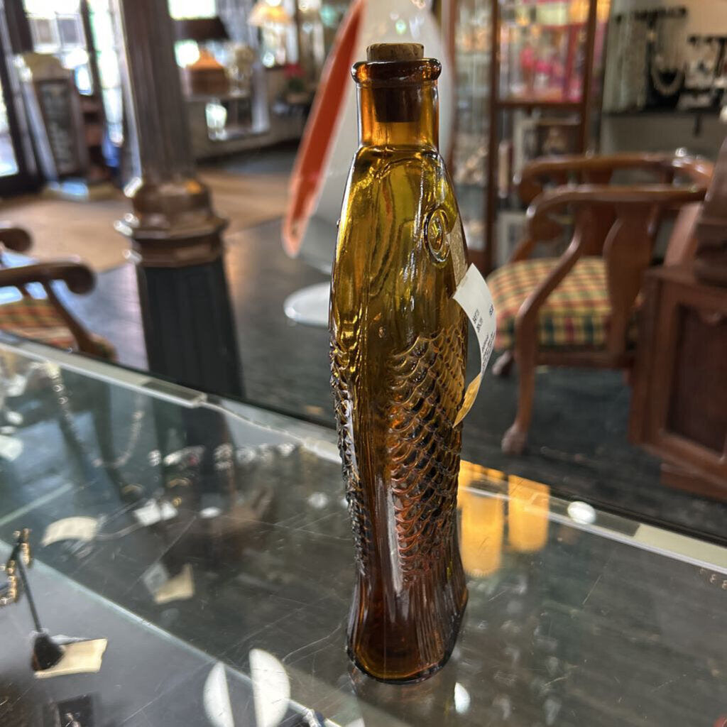 Vintage Glass Fish Bottle, Mani Nobili Italian Amber Apothecary Bottle.