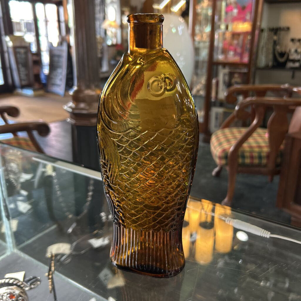Vintage Glass Fish Bottle, Mani Nobili Italian Amber Apothecary Bottle.