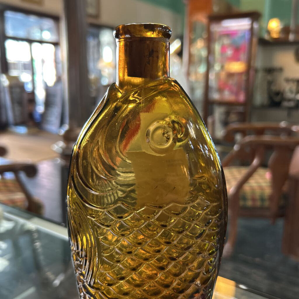 Vintage Glass Fish Bottle, Mani Nobili Italian Amber Apothecary Bottle.