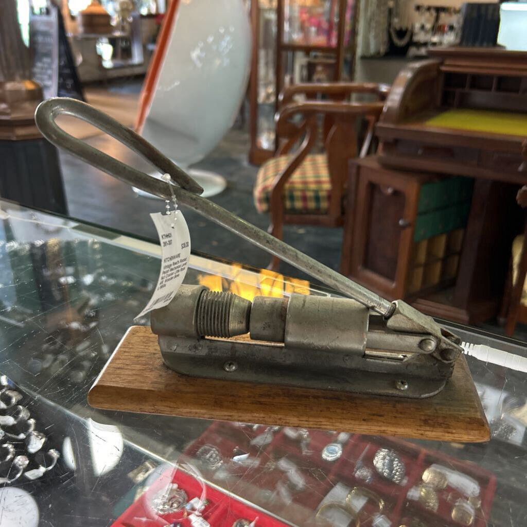 Vintage Reed's Rocket Pecan Mechanical Lever Nut Cracker Little Rock AR, Wooden Base, c.1950s.