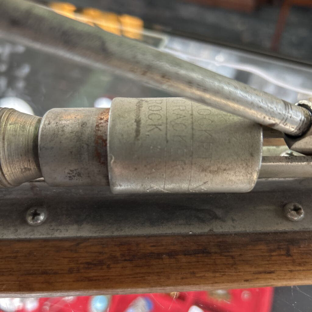 Vintage Reed's Rocket Pecan Mechanical Lever Nut Cracker Little Rock AR, Wooden Base, c.1950s.
