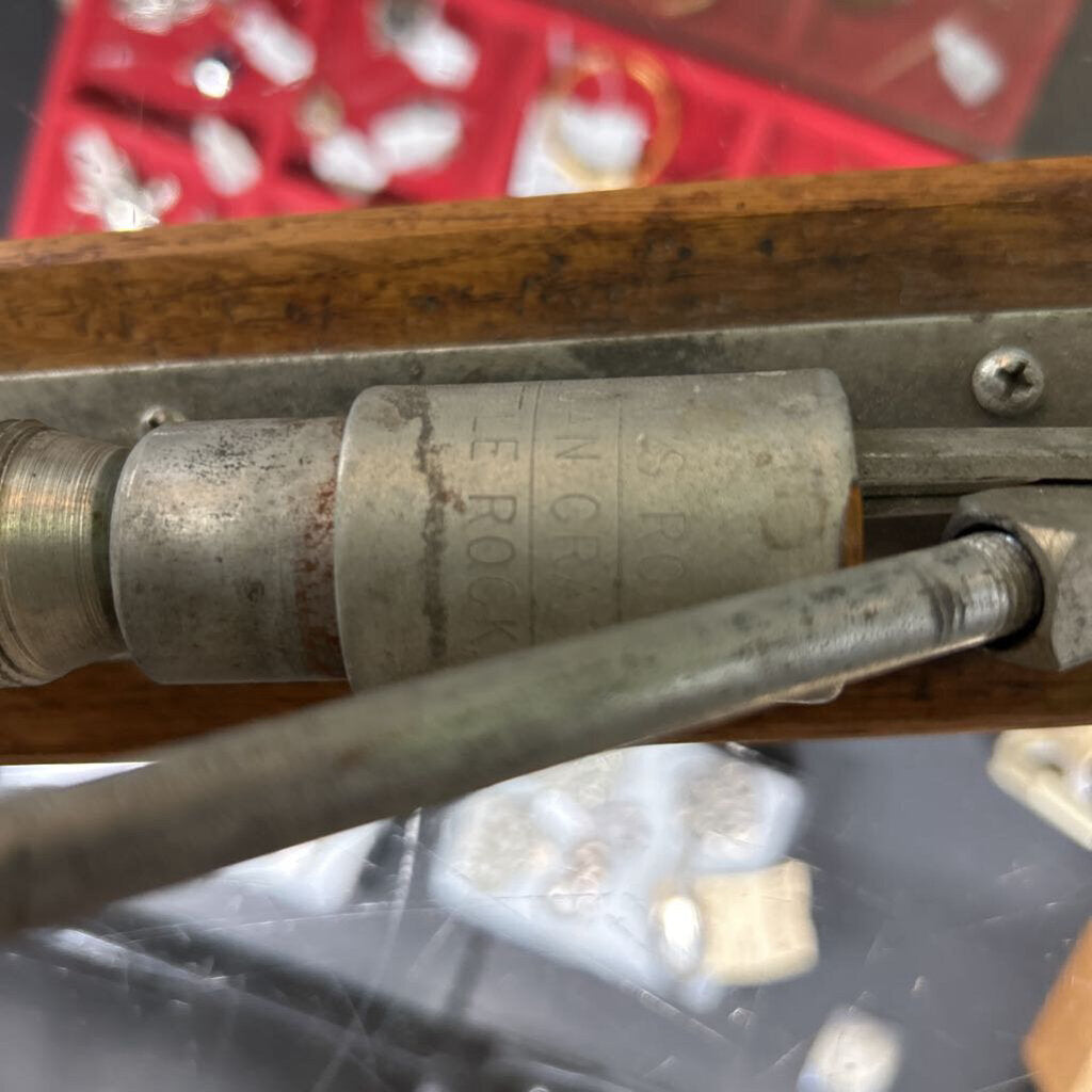 Vintage Reed's Rocket Pecan Mechanical Lever Nut Cracker Little Rock AR, Wooden Base, c.1950s.