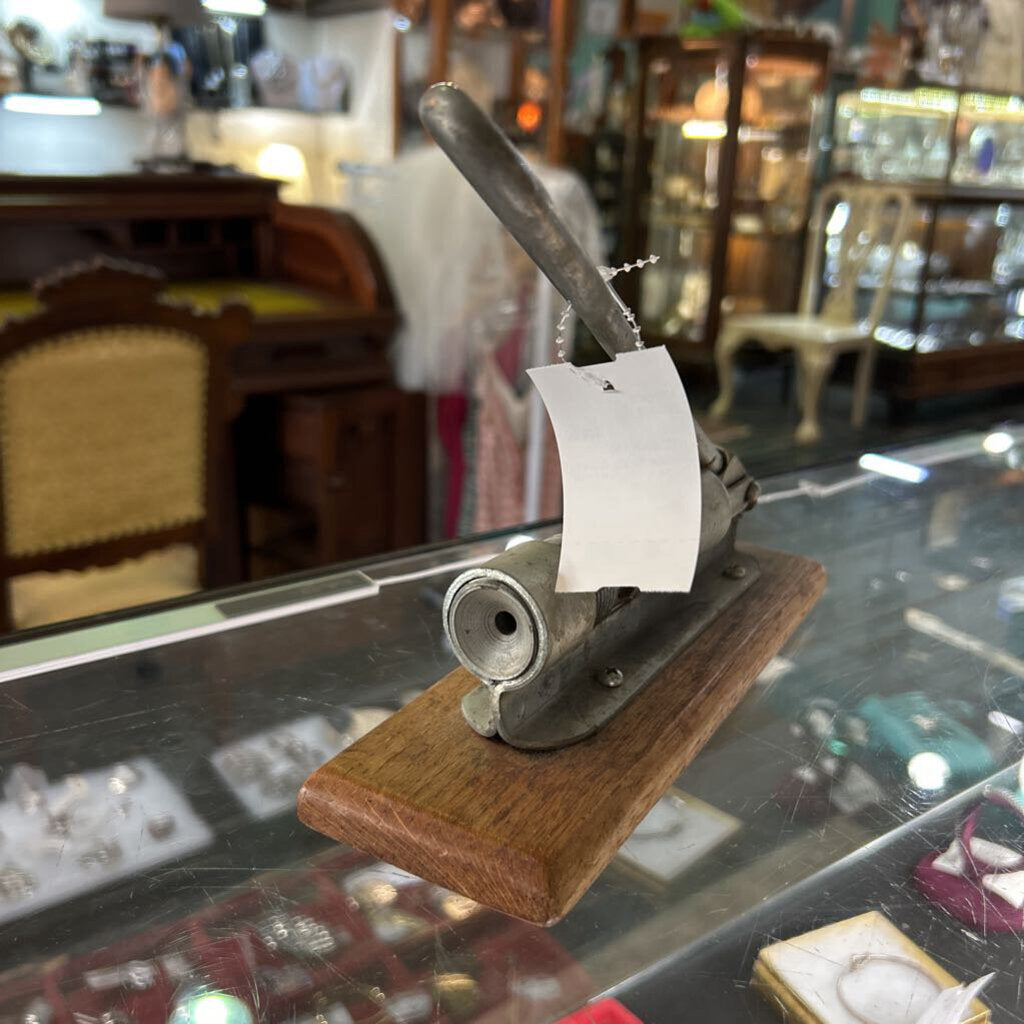 Vintage Reed's Rocket Pecan Mechanical Lever Nut Cracker Little Rock AR, Wooden Base, c.1950s.