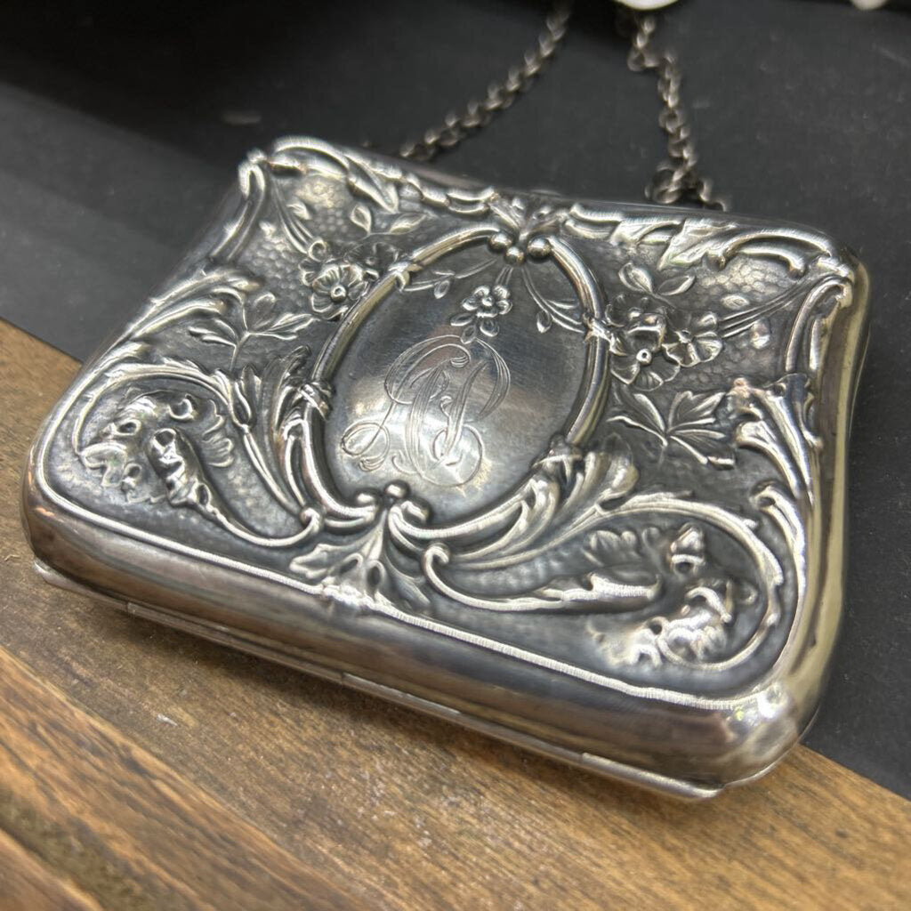 Antique Art Nouveau Sterling Silver Repousse Dance Purse Compact Monogrammed. 68.22g