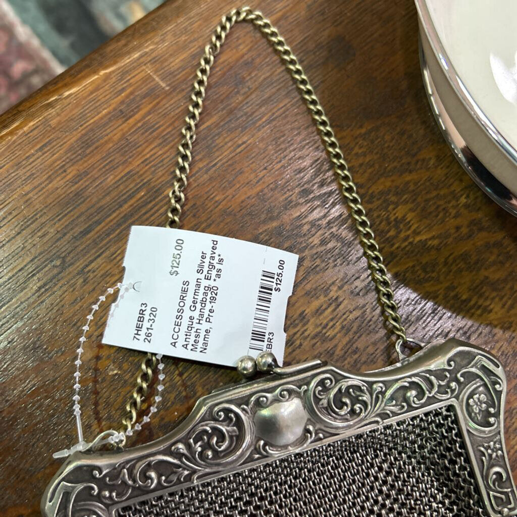 Antique German Silver Mesh Handbag, Engraved Name, Pre-1920 *as is*