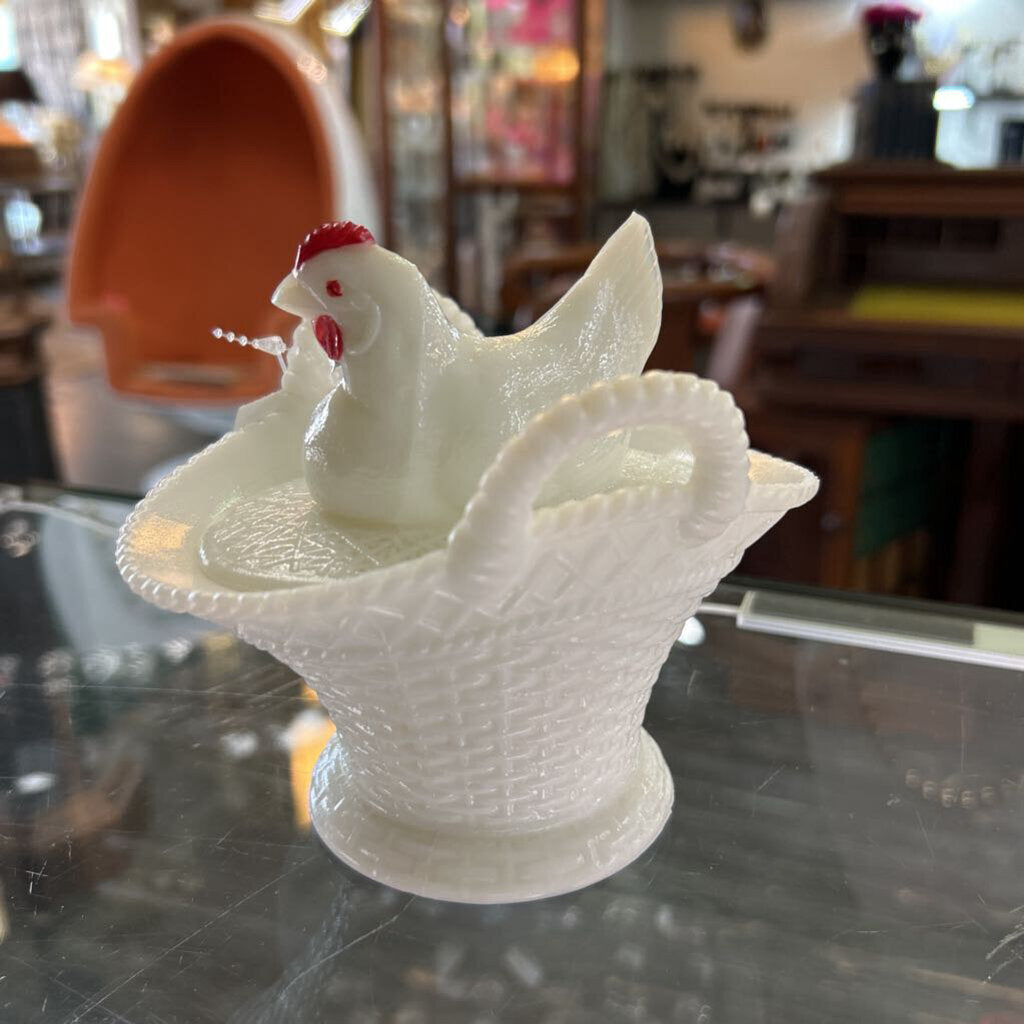 Vintage Westmoreland Milk Glass Hen on Basket Covered Dish Handled Pedestal. c.1950s-1960s.