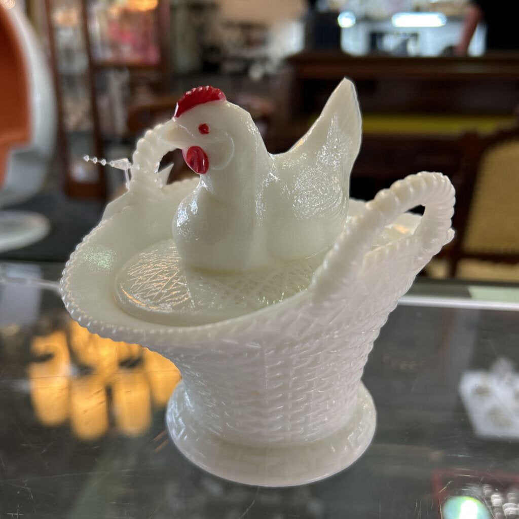 Vintage Westmoreland Milk Glass Hen on Basket Covered Dish Handled Pedestal. c.1950s-1960s.