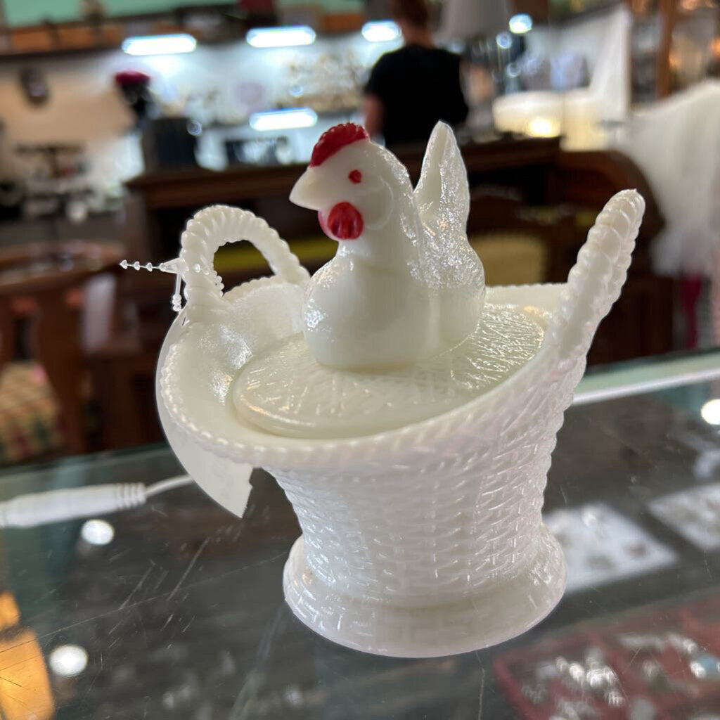 Vintage Westmoreland Milk Glass Hen on Basket Covered Dish Handled Pedestal. c.1950s-1960s.