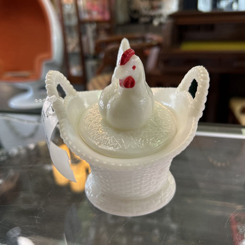 Vintage Westmoreland Milk Glass Hen on Basket Covered Dish Handled Pedestal. c.1950s-1960s.