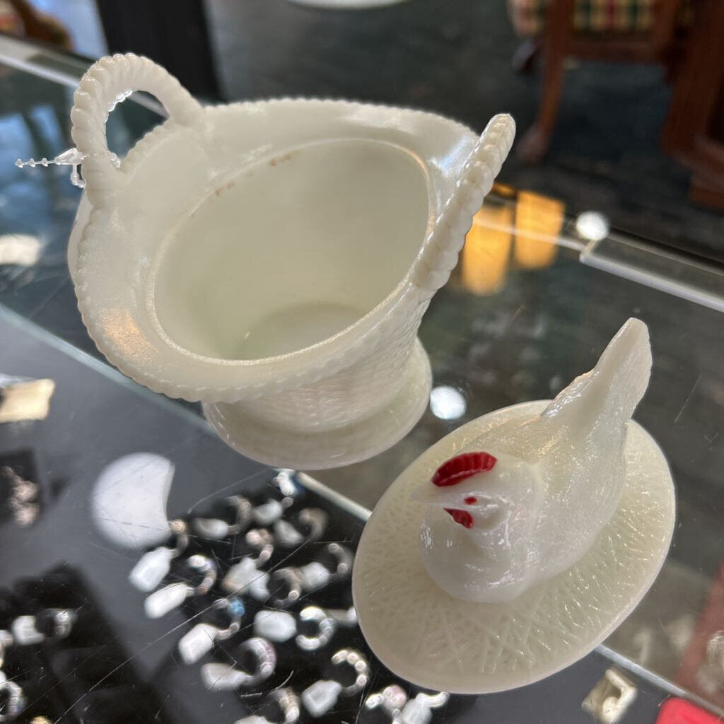 Vintage Westmoreland Milk Glass Hen on Basket Covered Dish Handled Pedestal. c.1950s-1960s.