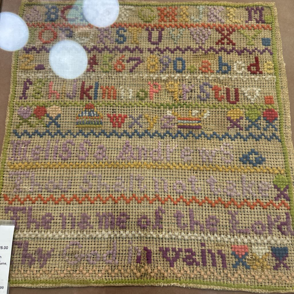 Antique Cross-stitch needlework sampler, Alphabet, Number, Name, Religious Verse.