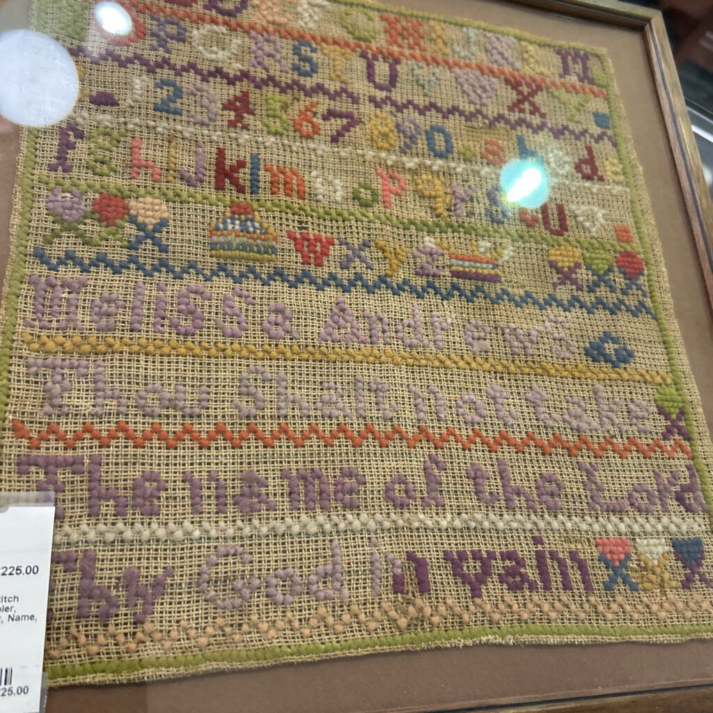 Antique Cross-stitch needlework sampler, Alphabet, Number, Name, Religious Verse.