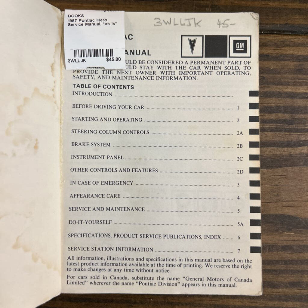 1987 Pontiac Fiero Service Manual. *as is*
