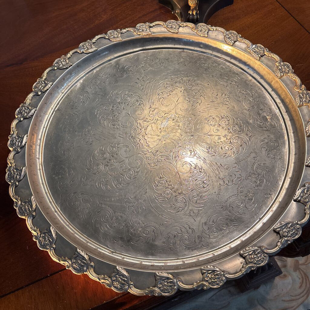 Moroccan 23" round tray in white metal with brass appliques