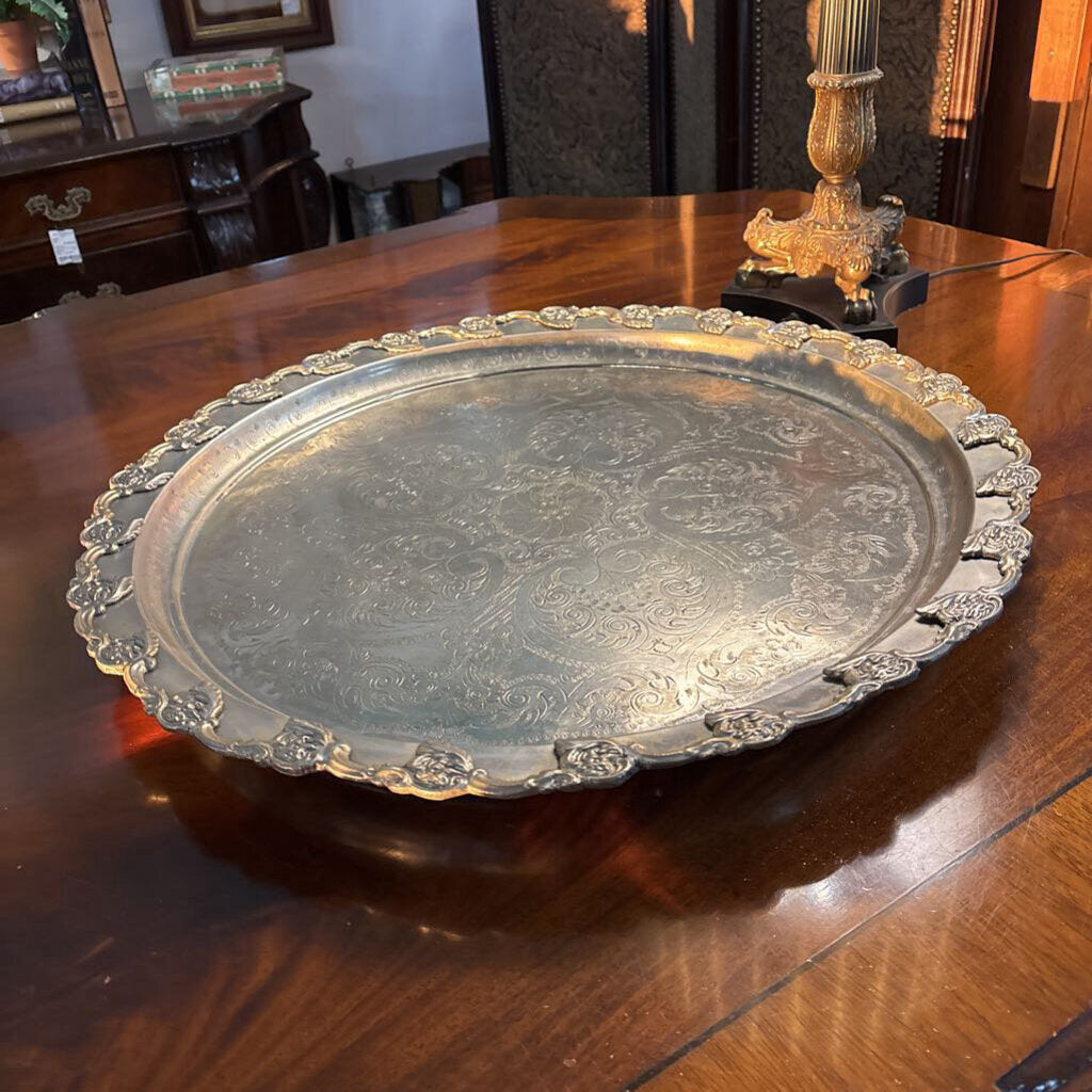 Moroccan 23" round tray in white metal with brass appliques