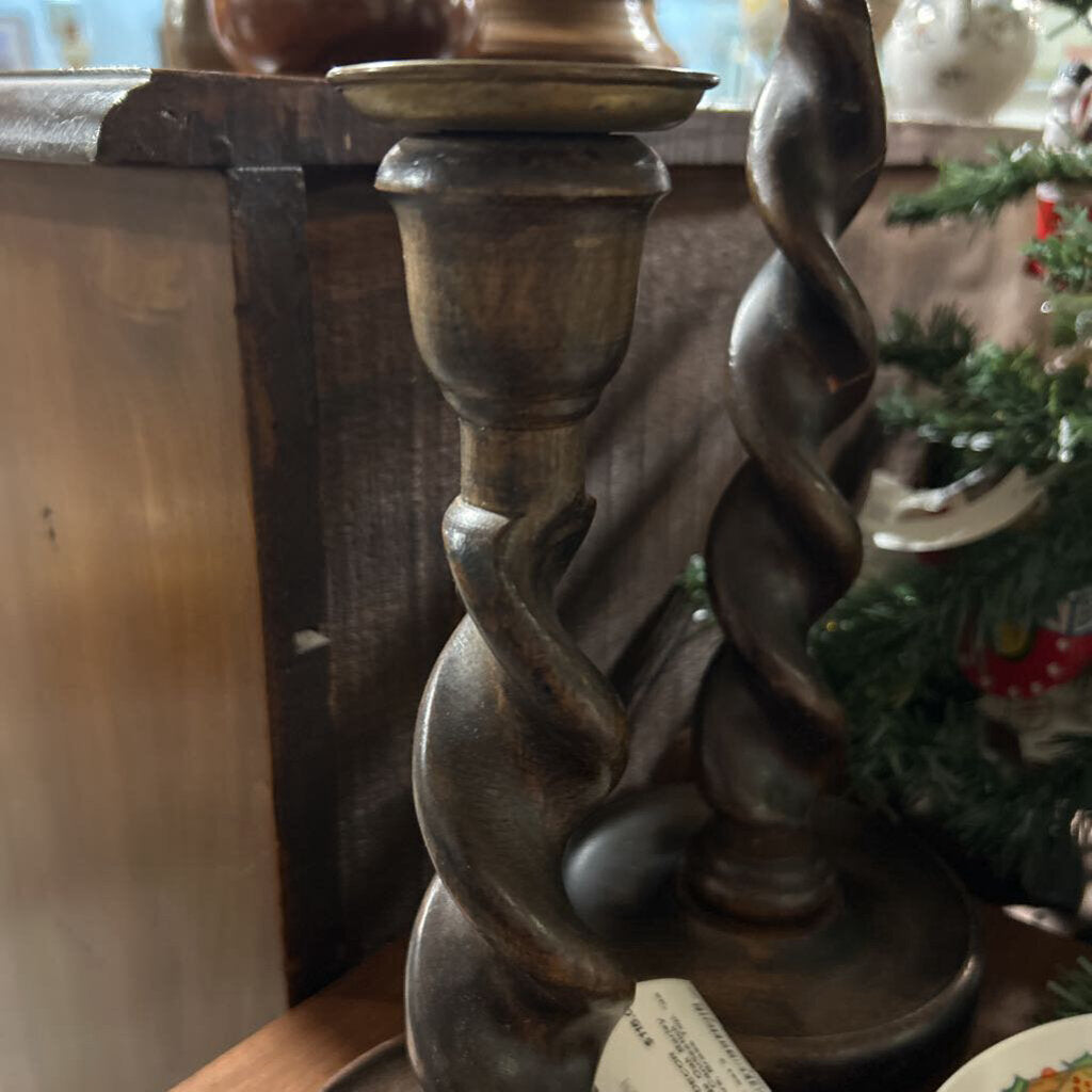Vintage Oak Barley Twist Candlestick Holders, Brass Top. *as is*