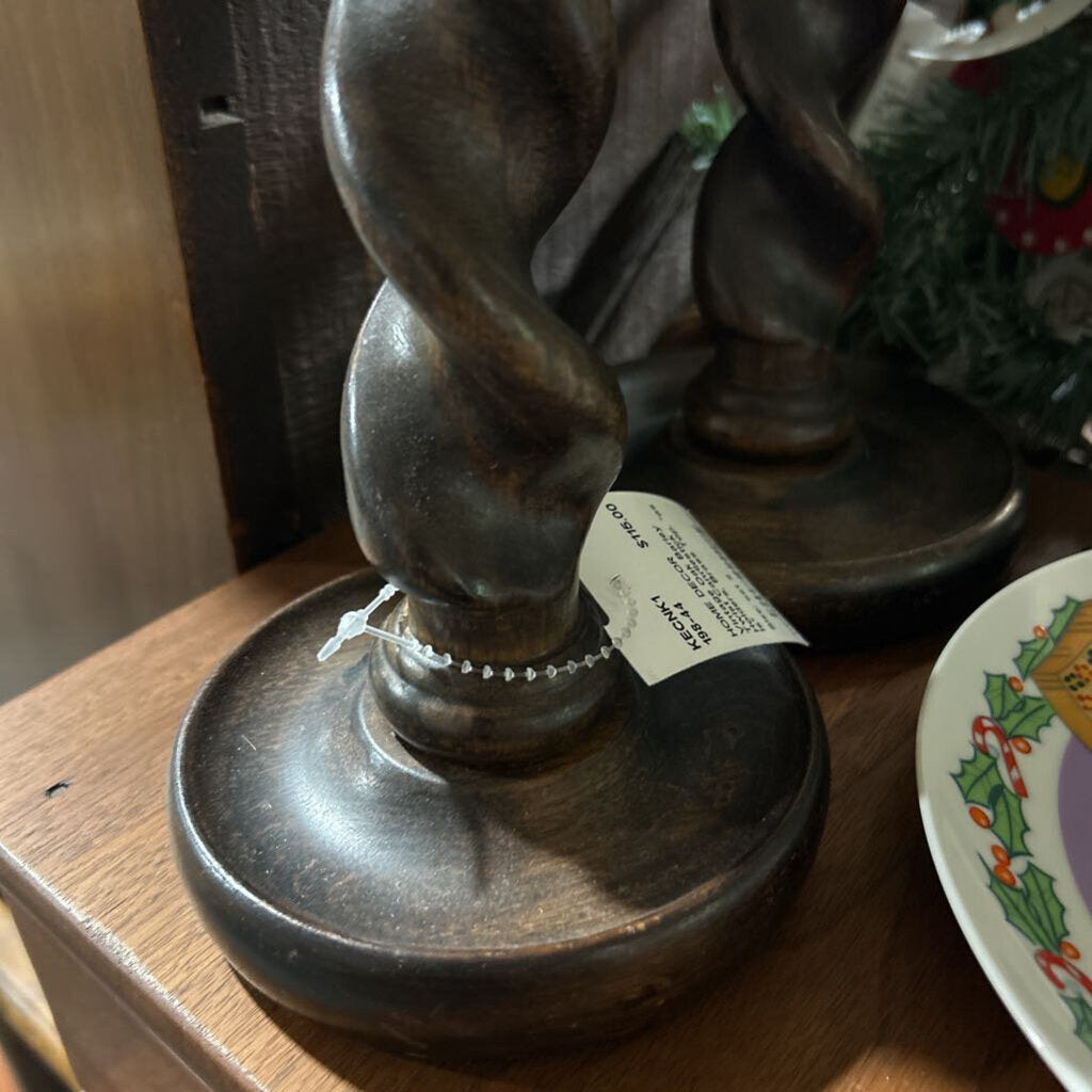 Vintage Oak Barley Twist Candlestick Holders, Brass Top. *as is*