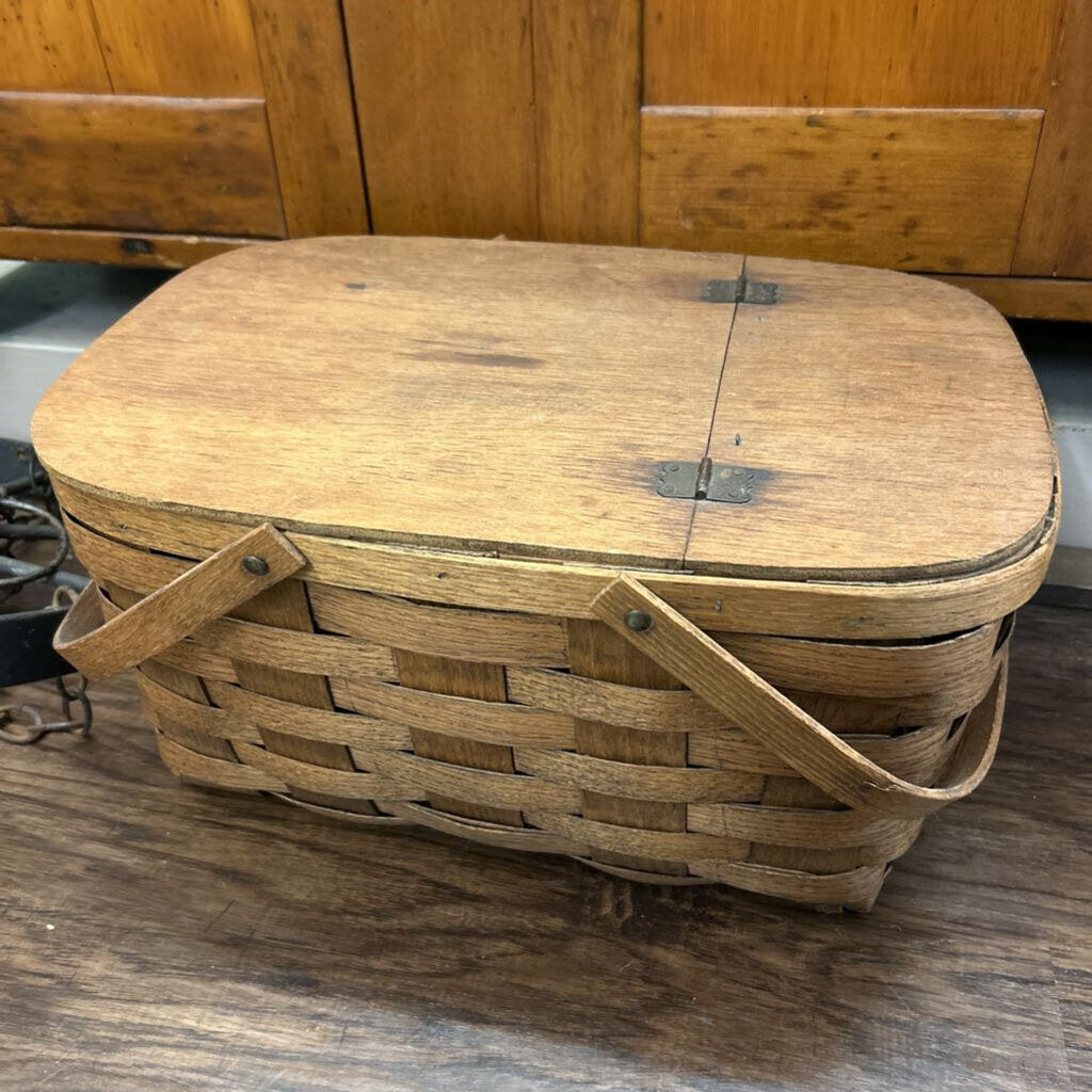 Vintage Woven Wood Splint Picnic Basket, Flip Top Lid c.1950s.
