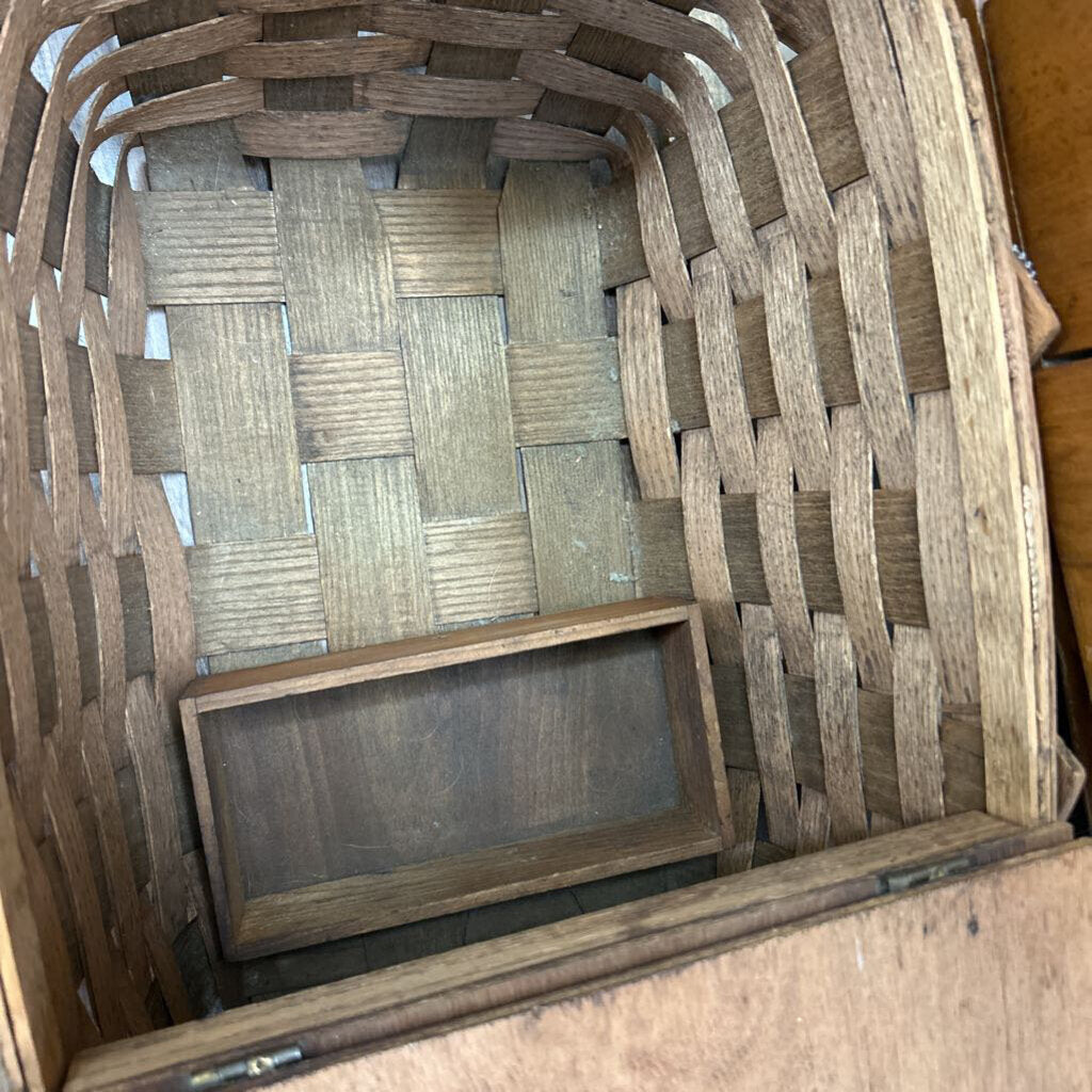 Vintage Woven Wood Splint Picnic Basket, Flip Top Lid c.1950s.