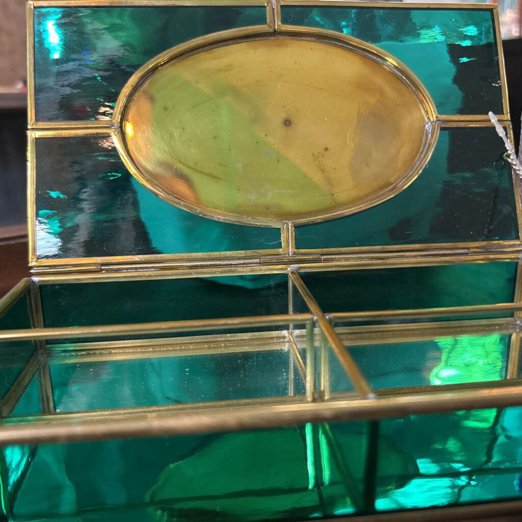 Vintage Via Vermont Emerald Green Stained Glass Brass Trinket/Jewelry Box Mallard Ducks, Mirror inside, c.1970s.