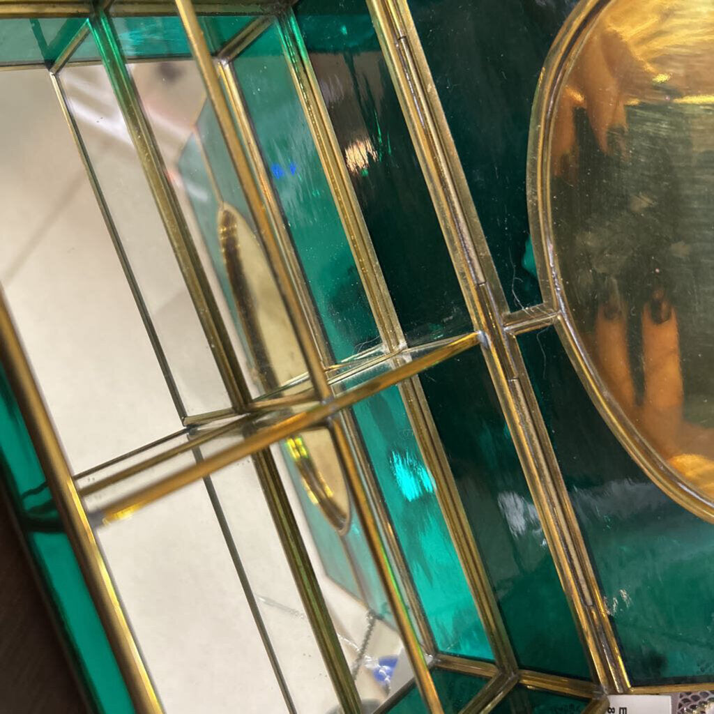 Vintage Via Vermont Emerald Green Stained Glass Brass Trinket/Jewelry Box Mallard Ducks, Mirror inside, c.1970s.