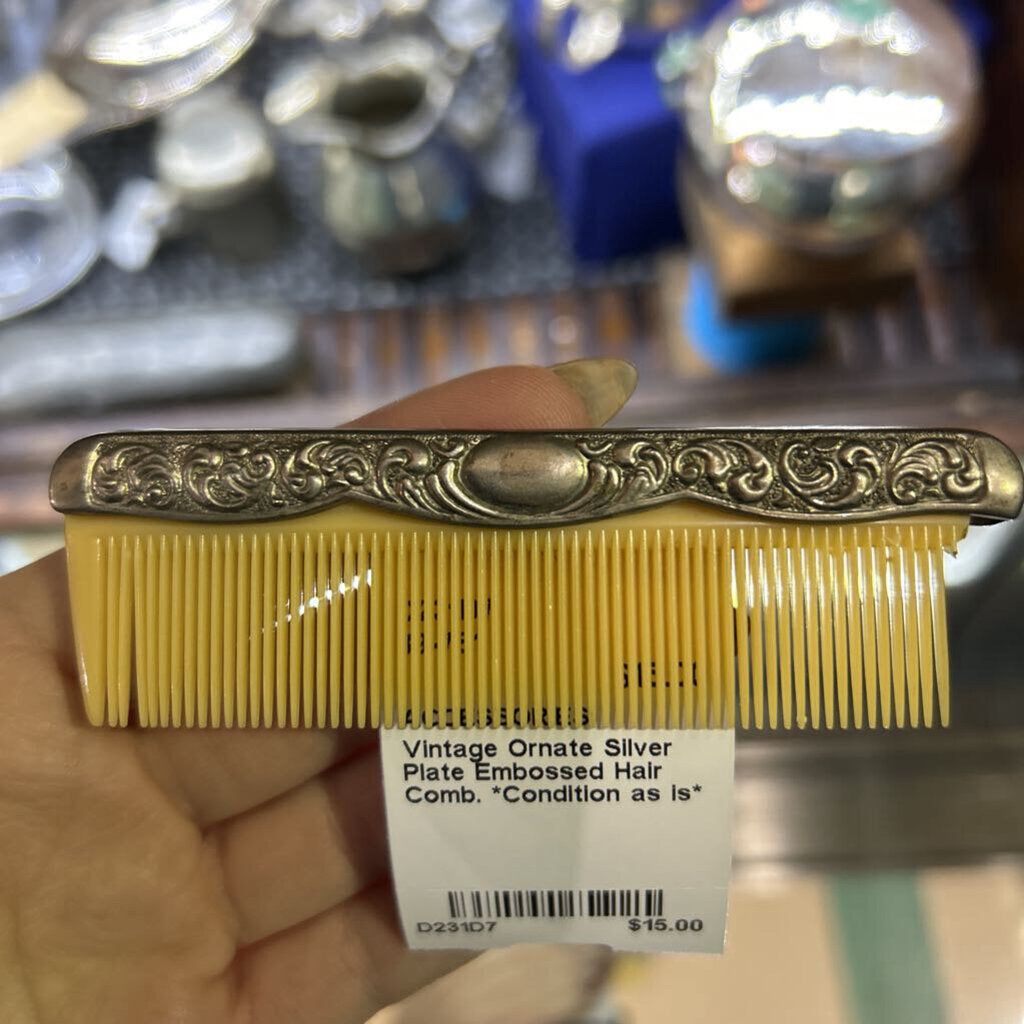 Vintage Ornate Silver Plate Embossed Hair Comb. *Condition as is*